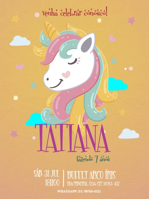 Modelo de convite - aniversário unicórnio laranja