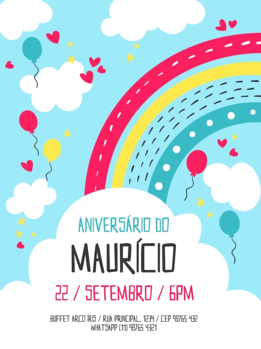 Modelo de convite - aniversário arco Íris azul