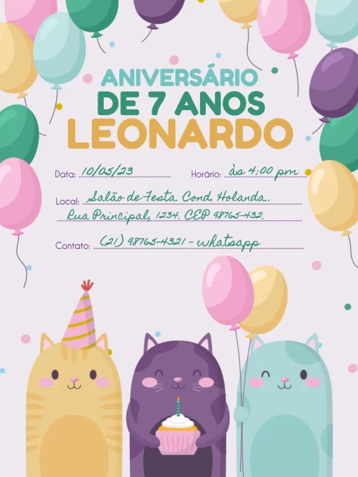 Convite De Aniversário 7 Anos Gatinhos Convite De Aniversário 7 Anos Gatinhos