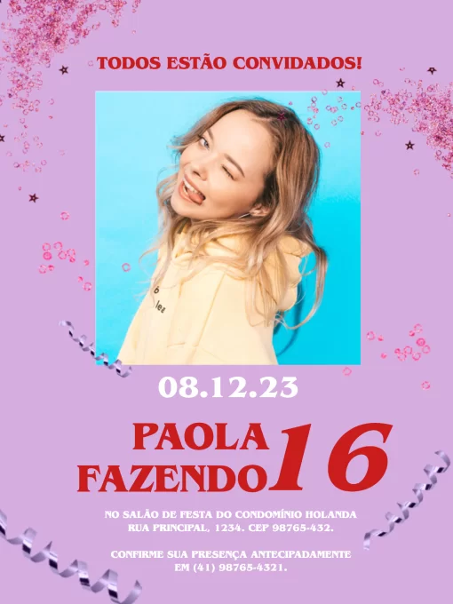 Modelo de convite - aniversário feminino roxo com foto