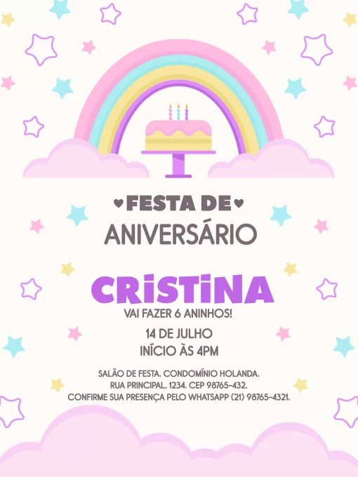 Modelo de convite - aniversário arco Íris e estrelas