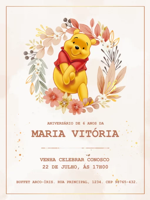 Editar e Baixar Convite Ursinho Pooh Floral, festa, encontro, comemoração, aniversário, infantil, claro, aquarela, delicado, floral, urso, rosa
