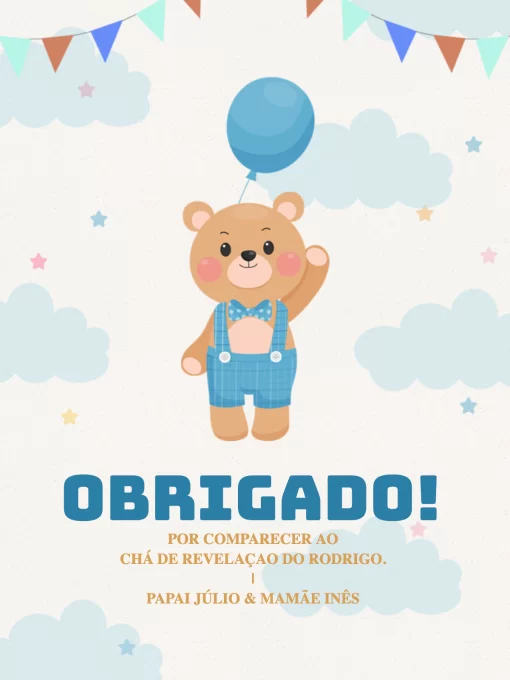 Modelo de convite - cartão agradecimento presença chá revelação azul