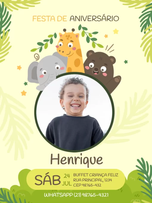 Modelo de convite - aniversário zoo com foto verde