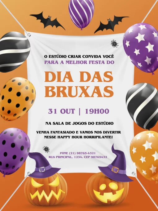 Editar e Baixar Convite Virtual Dia Das Bruxas, festa, comemoração, encontro, halloween, dia das bruxas, horror, divertido, happy hour, claro, laranja, balão, abóbora, morcego, aranha, virtual