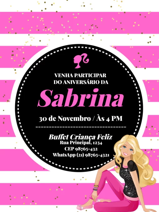 Convite De Aniversário Barbie Glitter Preto E Rosa