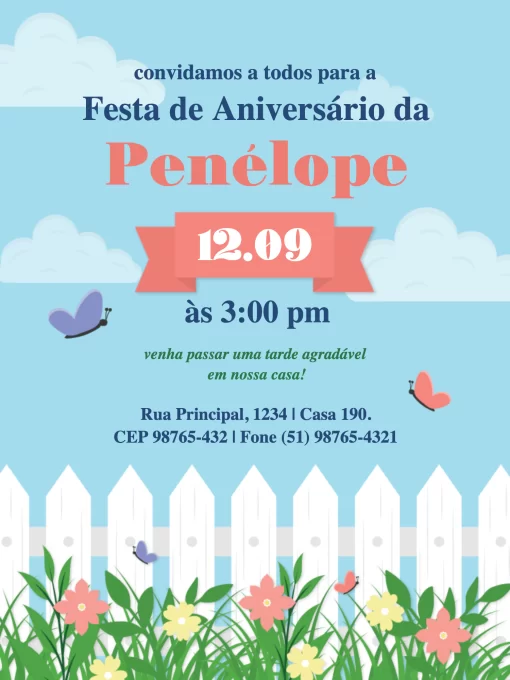 Modelo de convite - aniversário jardim, borboleta e flores