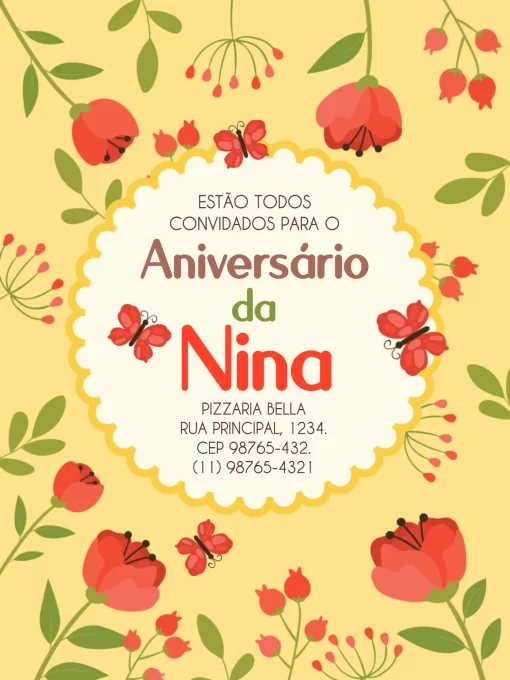 Modelo de convite - aniversário jardim, borboleta e flores amarelo