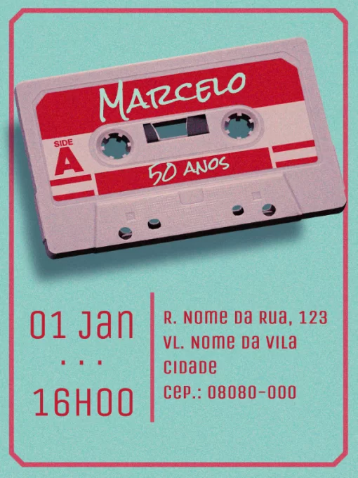 Modelo de convite - aniversário virtual 50 anos fita cassette