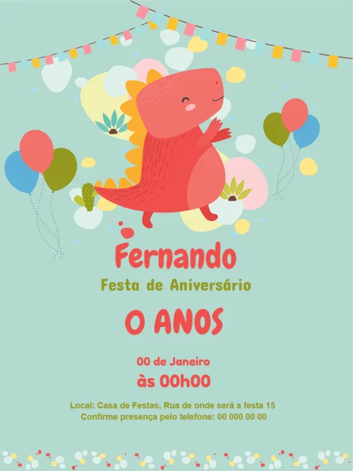 Editar e Baixar Convite Aniversário Dinossauro, festa, menino, balão, bandeirinhas, comemoração, celebração, online, digital, whatsapp, azul
