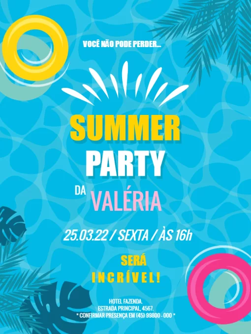 Editar e Baixar Convite Summer Party, festa, infantil, adulto, aniversário, menina, menino, summer party, tropical, verão, piscina, boia, água