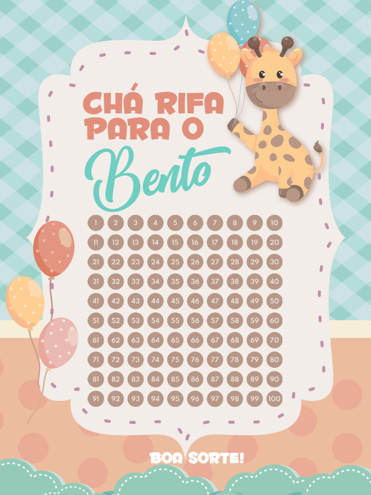 Editar e Baixar Convite Chá Rifa Girafinha de 1 a 100, chá de bebê, chá rifa, criança, infantil, girafinha, girafa, balão, nuvem, colorido, menino, menina