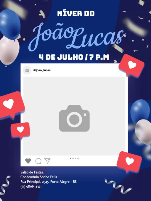 Editar e Baixar Convite Festa de Aniversário Instagram, festa, comemoração, aniversário, instagram, mídia social, foto, escuro, azul, masculino, coração, balão, divertido