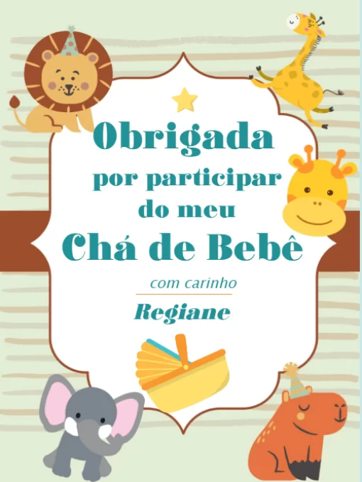 Modelo de convite - cartão agradecimento chá bebê animais