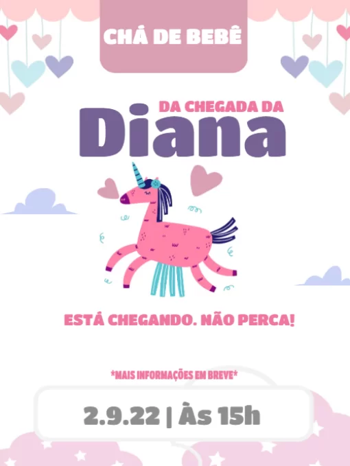 Modelo de convite - cartão chá bebê unicórnio e corações