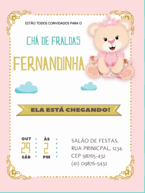 Convite chá de fraldas ursinho príncipe cha de bebe - Edite grátis com  nosso editor online