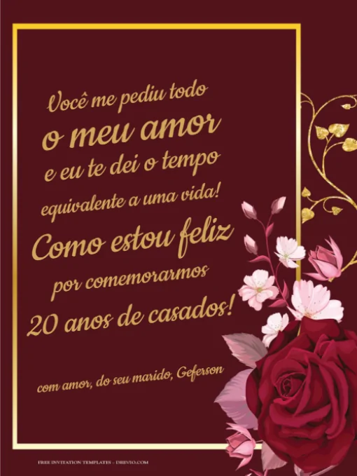 Cartão De Comemoração De Bodas 20 anos Para Editar Cartão De Comemoração De Bodas 20 anos Para Editar