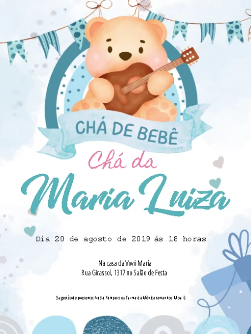 Modelo de convite - chá bebê ursinho e violão