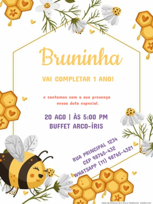 Modelo de convite - abelhinha 1 ano para editar