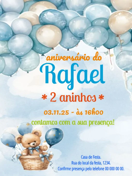 Convite Aniversário Balão Ursinho Para Editar Convite Aniversário Balão Ursinho Para Editar