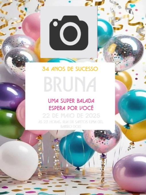 Modelo de convite - aniversário com foto e balões paraeditar