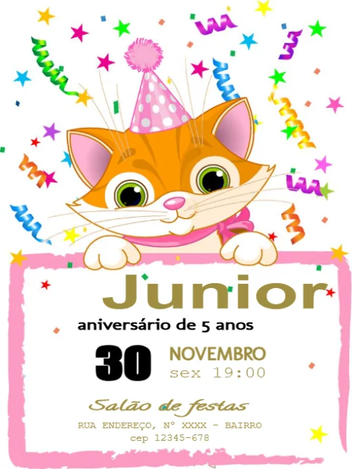 Convite aniversário Gatinho Para Editar Convite aniversário Gatinho Para Editar