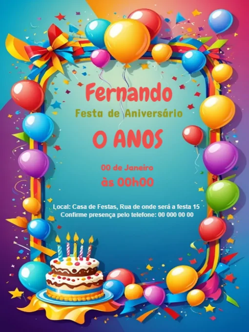 Modelo de convite - balões e bolo para editar