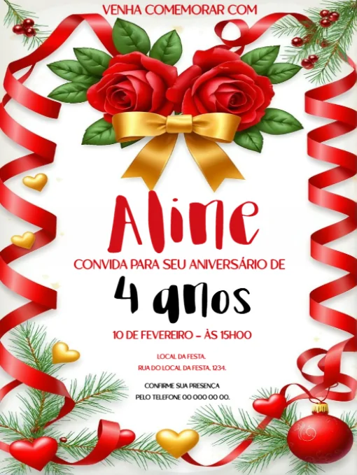 Modelo de convite - aniversário corações e rosas vermelhas para editar