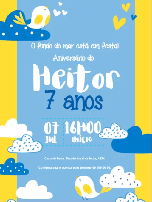Modelo de convite - aniversário passaros e nuvem 