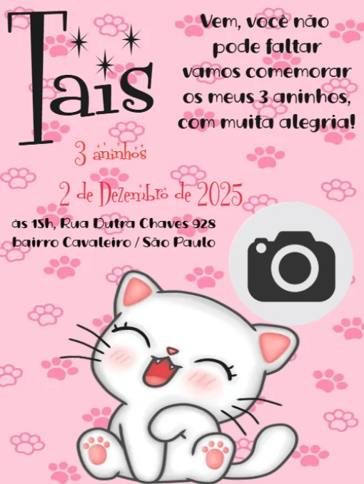 Modelo de convite - aniversário gato com para editar