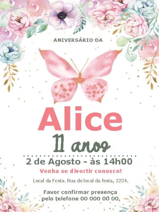 Modelo de convite - aniversário flores diversas borboleta 
