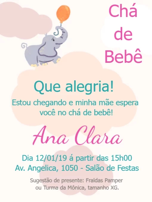 Modelo de convite - chá bebê elefante