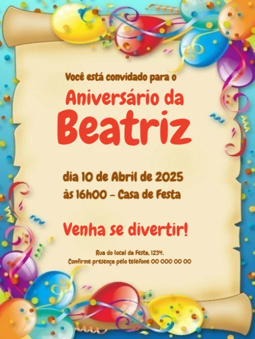 Modelo de convite - aniversário papiro balões para editar