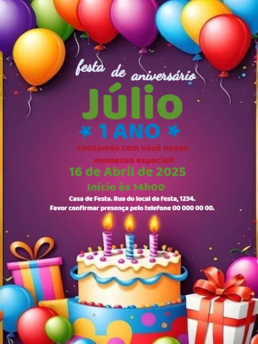 Modelo de convite - aniversário com balões e bolo para editar