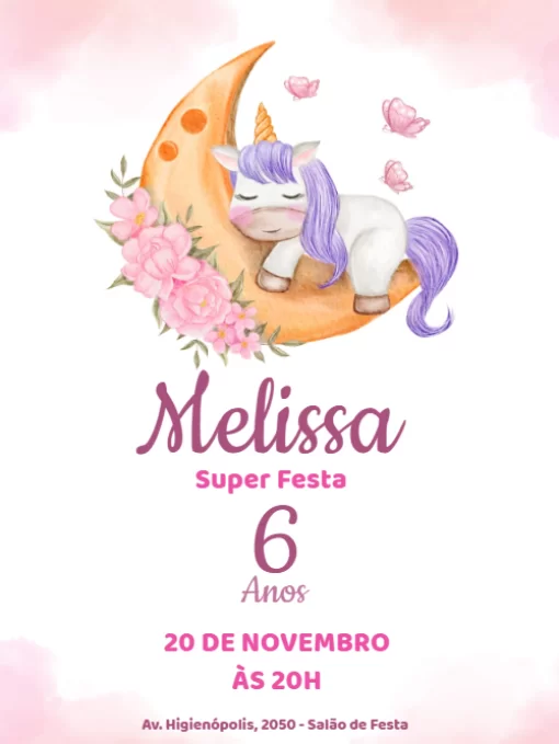 Modelo de convite - aniversário unicórnio dormindo menina 