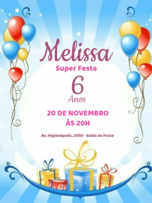 Modelo de convite - aniversário balões menina para editar