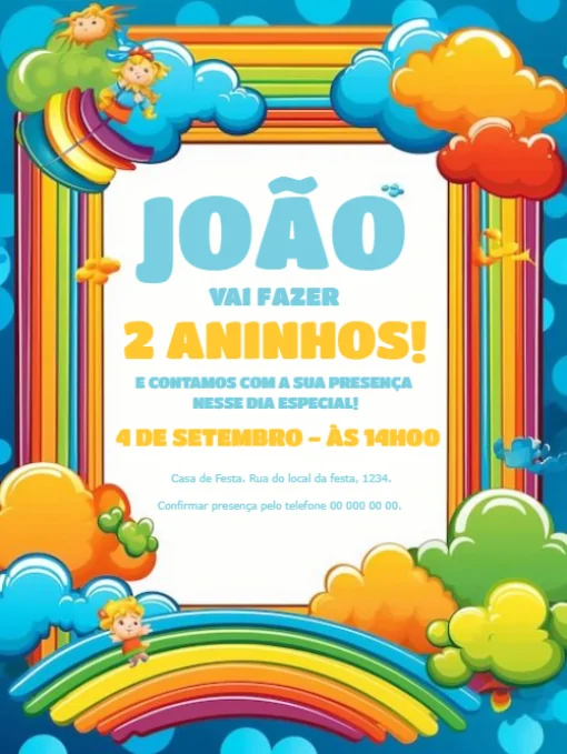 Modelo de convite - aniversário arco Íris menino para editar