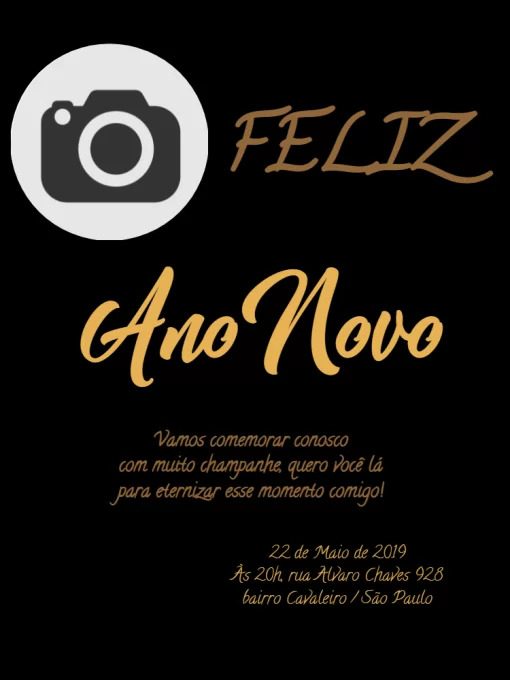 Convite ano novo reveillon preto e dourado com foto Convite ano novo reveillon preto e dourado com foto