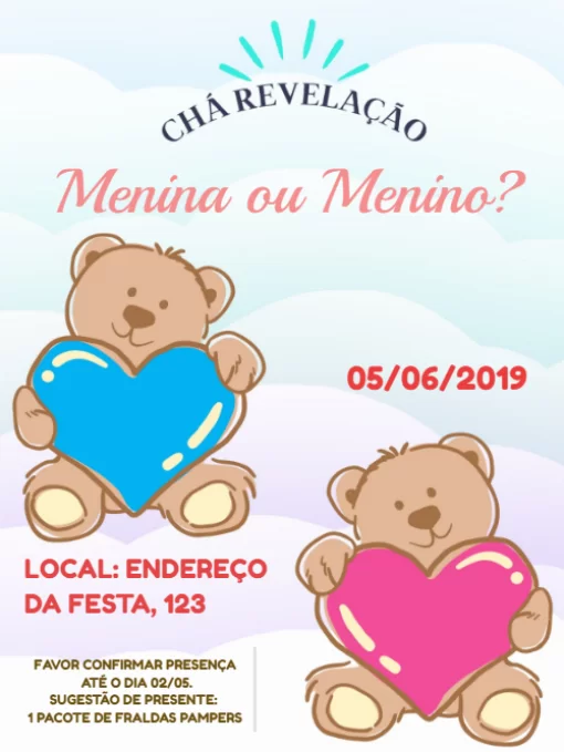Modelo de convite - chá bebê revelação ursinhos segurando coração