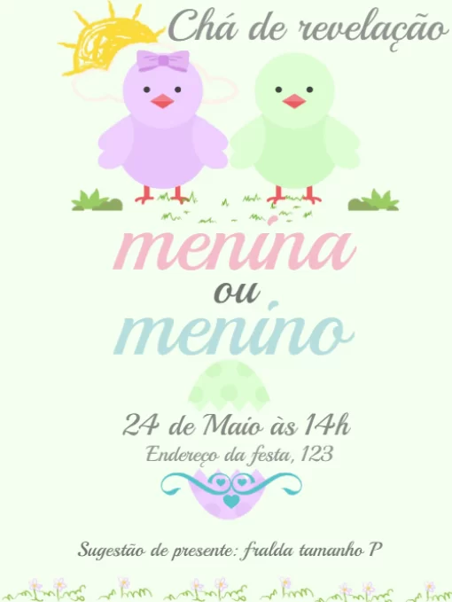 Convite chá de bebê revelação pintinhos Convite chá de bebê revelação pintinhos