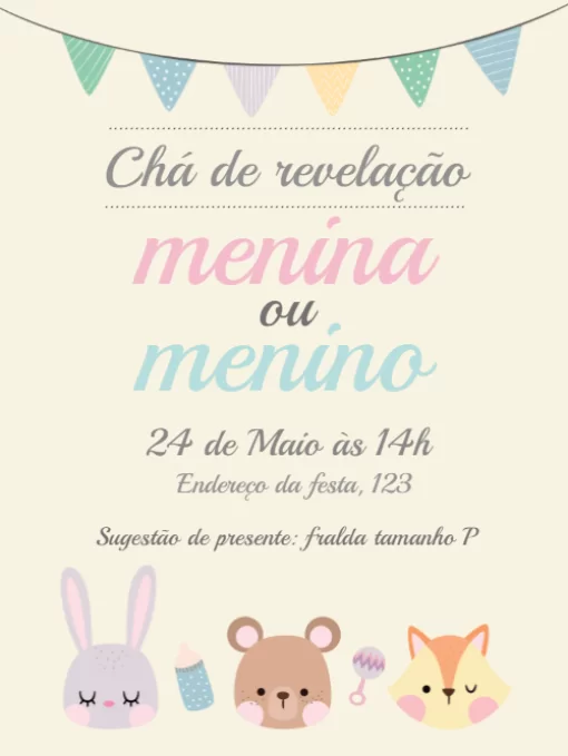 Modelo de convite - chá bebê revelação animais 