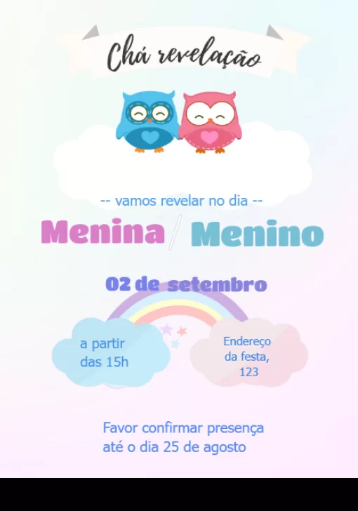 Convite chá de bebê revelação corujinhas Convite chá de bebê revelação corujinhas