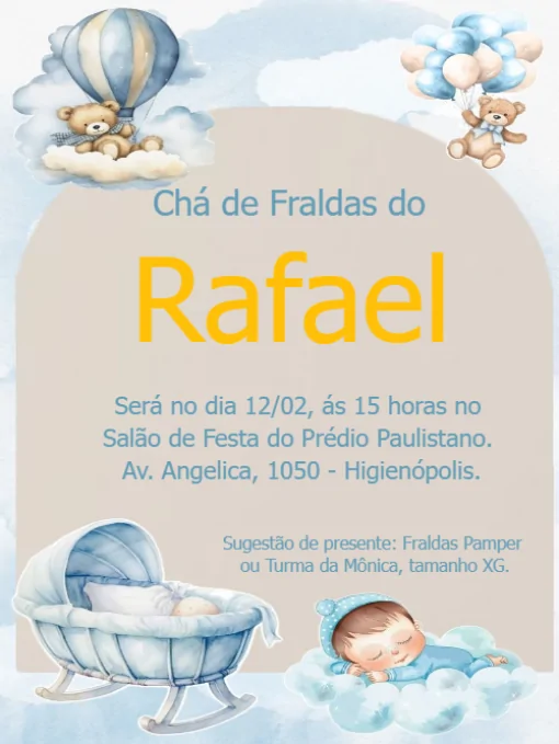 Modelo de convite - chá fraldas ursinhos para editar