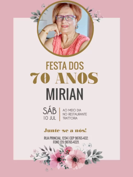 Modelo de convite - aniversário 70 anos com foto 