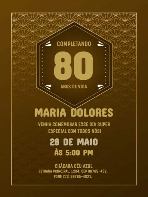 Modelo de convite - aniversário 80 anos dourado 