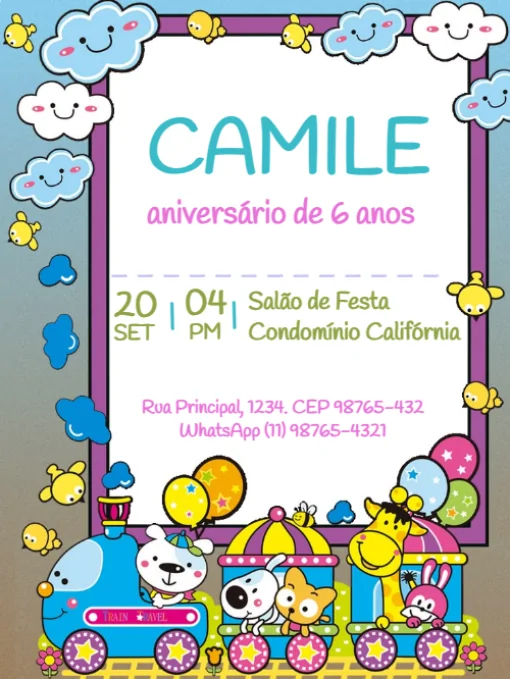 Modelo de convite - aniversário trem com animais para editar