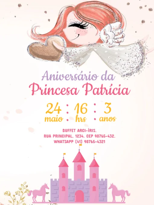 Convite De Aniversário Castelo Rosa Para EDitar Convite De Aniversário Castelo Rosa Para EDitar