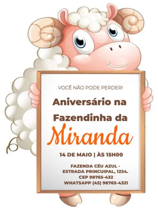 Modelo de convite - aniversário fazendinha ovelha para editar