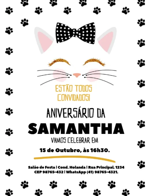 Modelo de convite - aniversário gato delicado para editar
