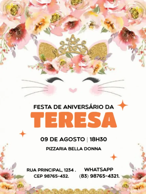 Convite De Aniversário Gato com rosas Para Editar Convite De Aniversário Gato com rosas Para Editar